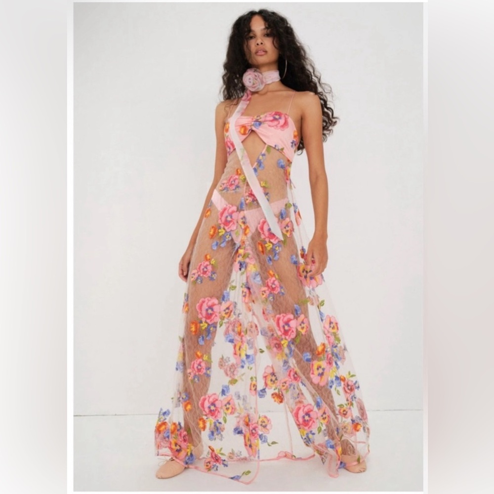For love and lemons Delaney Peony Embroidered
Sheer Lace Maxi Dress flaw